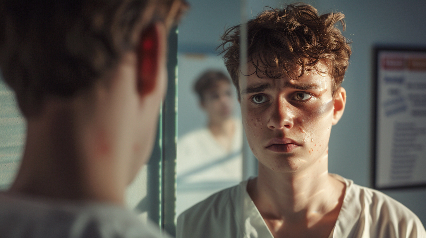 Concerned young adult, with noticeable signs of eye strain and diabetes complications, looking into a mirror. The scene is set in a dimly lit, modern clinic with a medical poster on diabetes in the background, highlighting eye complications. The expression should evoke urgency and health concern.