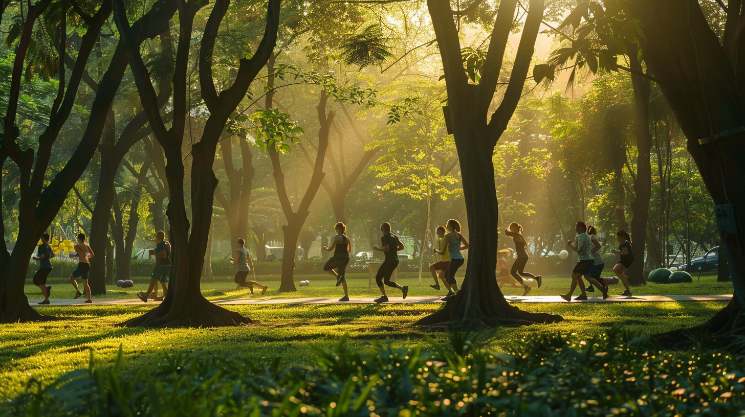 Depiction of people engaging in various physical activities like jogging, yoga, and strength training outdoors in a lush park setting. The atmosphere should feel serene, with soft sunlight filtering through trees, while the individuals appear focused and peaceful, symbolizing mental clarity.