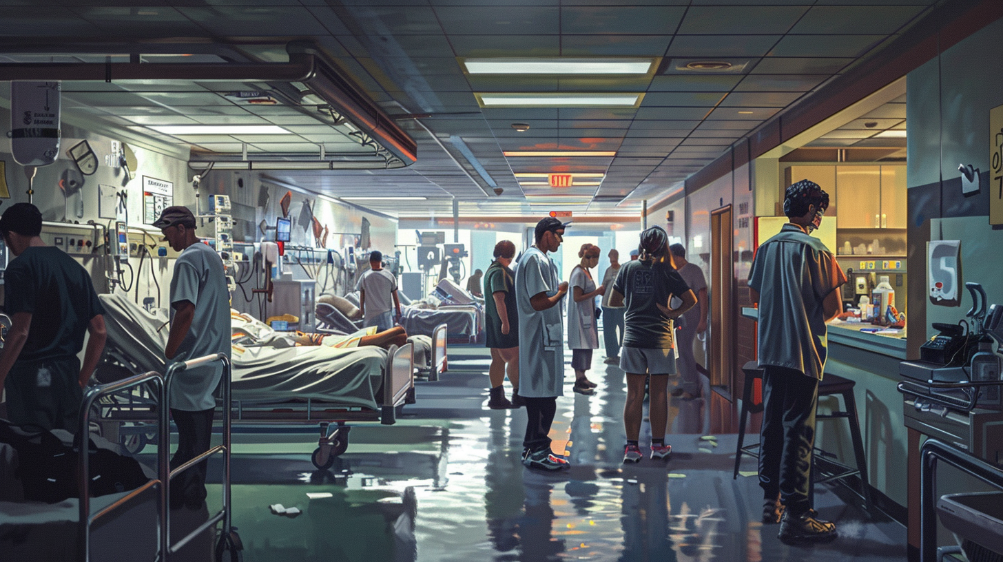 Depict a somber Canadian city hospital emergency room at the height of the opioid and stimulant crisis, flooded with doctors and nurses attending to overdose patients. The scene should convey an overwhelming sense of urgency, desperation, and hope amid chaos. Use muted, cold colors to represent the stark reality, but with subtle hints of warmth to suggest the presence of hope through community care and medical attention. The image should balance realism with emotional gravity.