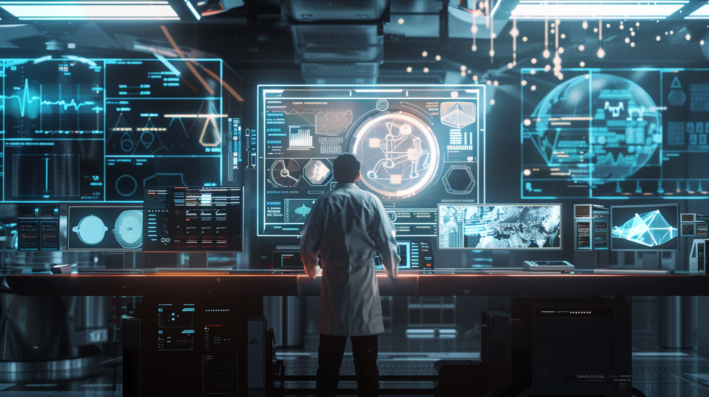 An academic researcher in a modern, high-tech lab, surrounded by advanced AI interfaces, glowing holographic screens showcasing scientific data. In the background, the researcher is interacting with a digital assistant, showing complex journal articles and AI-generated visuals. The setting is futuristic yet grounded in current technology.