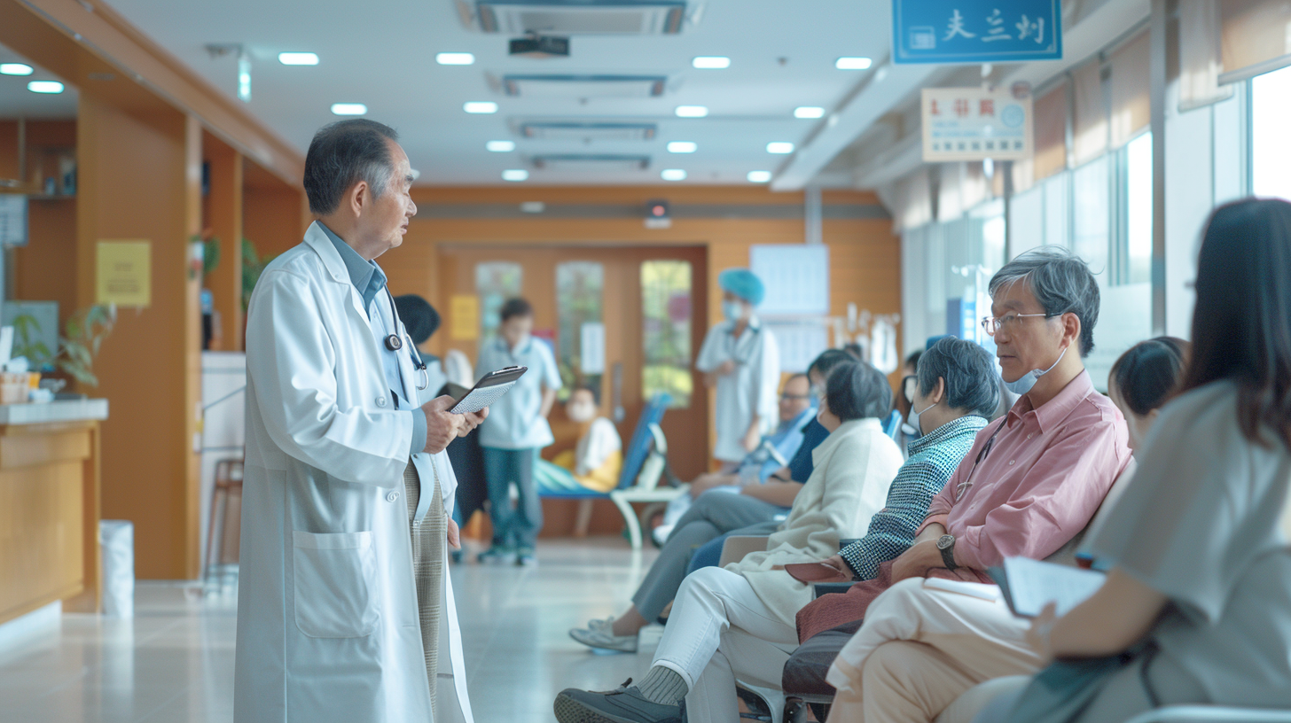 Healthcare setting in China where doctors use advanced digital tools, such as a clinical decision support system, to assist in the treatment of hypertension patients. Highlight modern technology seamlessly integrated into traditional medical care. Vibrant hospital environment with focused physicians and patients receiving care.