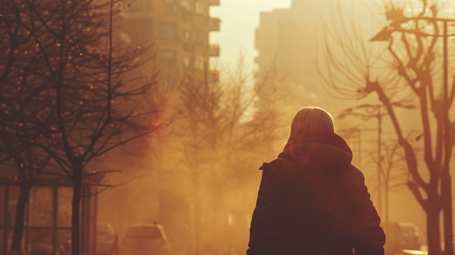 An elderly person walks through a polluted urban landscape, with a subtle haze of fine particles in the air, highlighting the unseen dangers of air pollution. The image captures the atmosphere of vulnerability, while emphasizing the health risks linked to cardiovascular diseases due to long-term pollution exposure.