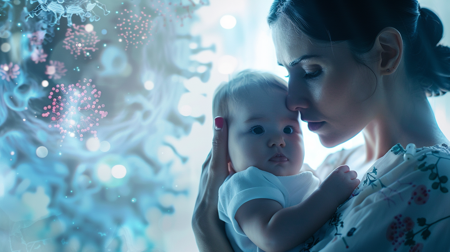 Image showing a concerned mother holding an infant, with subtle medical imagery like antibiotics and neural networks subtly blending into the background. The image should evoke both concern and caution, focusing on the vulnerability of early life and the potential risks of medical treatments.