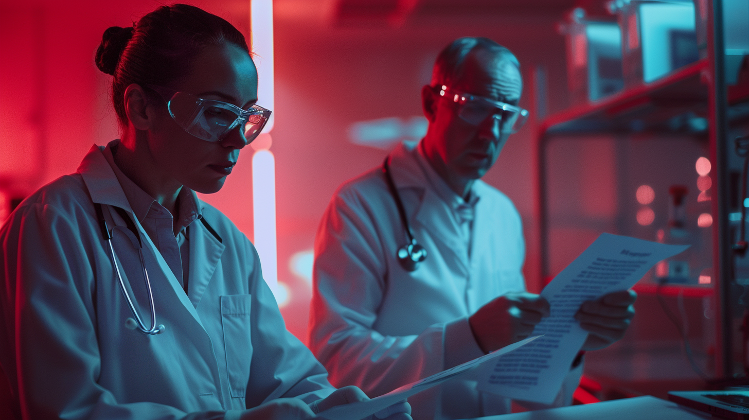 A dystopian scene of medical researchers examining redacted clinical trial documents in a futuristic lab. The documents are heavily censored, with black lines obscuring critical data. Researchers look puzzled and frustrated, as if scientific progress is slipping away.