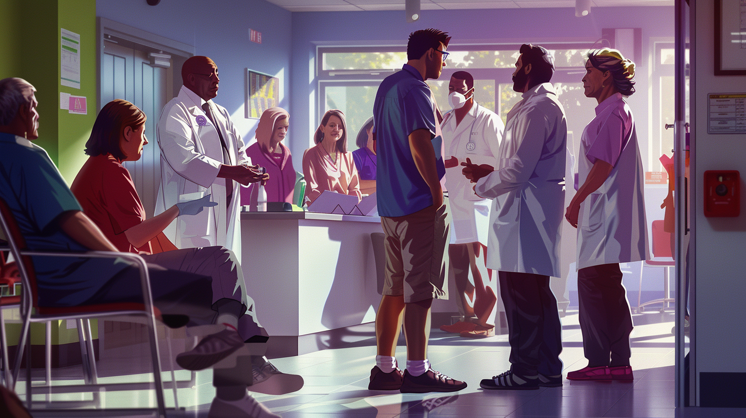 A detailed, realistic representation of a group of UK cancer patients ranging in age from 35-69. Depicts medical professionals discussing results of cancer screenings with patients. The image captures a sense of hope and advancement in cancer prevention and treatment.