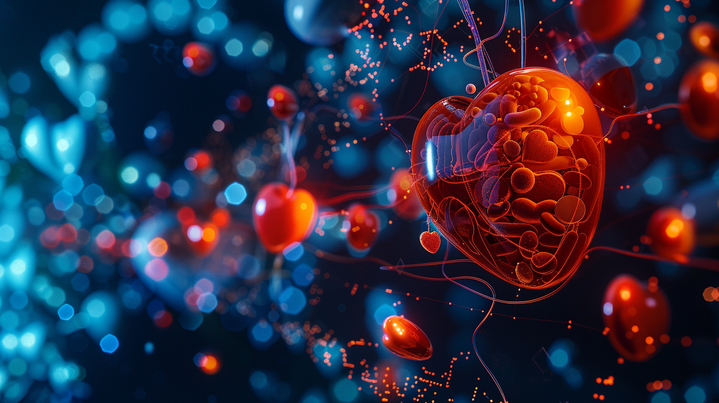 Image of a medical study concept showing pills, heart symbols, and kidneys connected by a flow of vibrant, glowing energy. Emphasizing the powerful connection between diabetes medication and improved cardiovascular and renal health, set against a backdrop of dynamic medical data visualization.