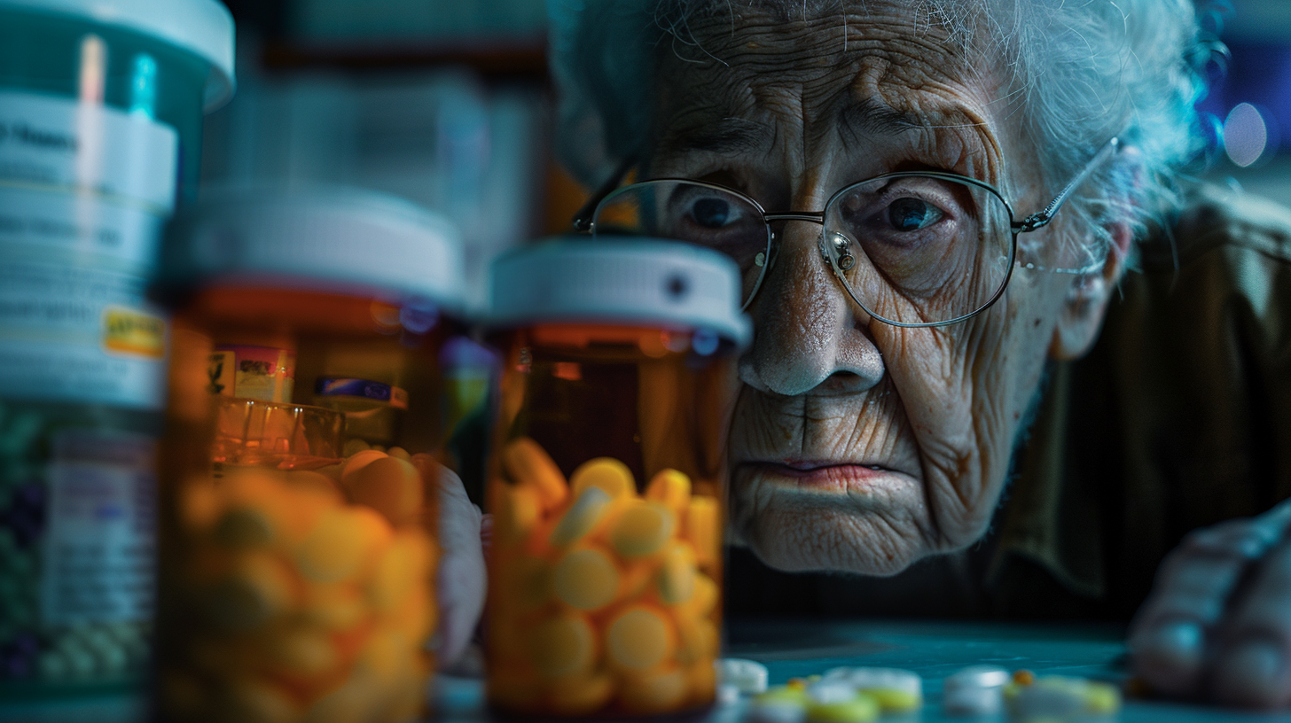 Elderly patient, struggling with multiple medications (pill bottles on a table), looking distressed as they contemplate NSAID risks. Background includes a clinical setting with charts showing economic impact. Focus on the expression of worry and vulnerability.