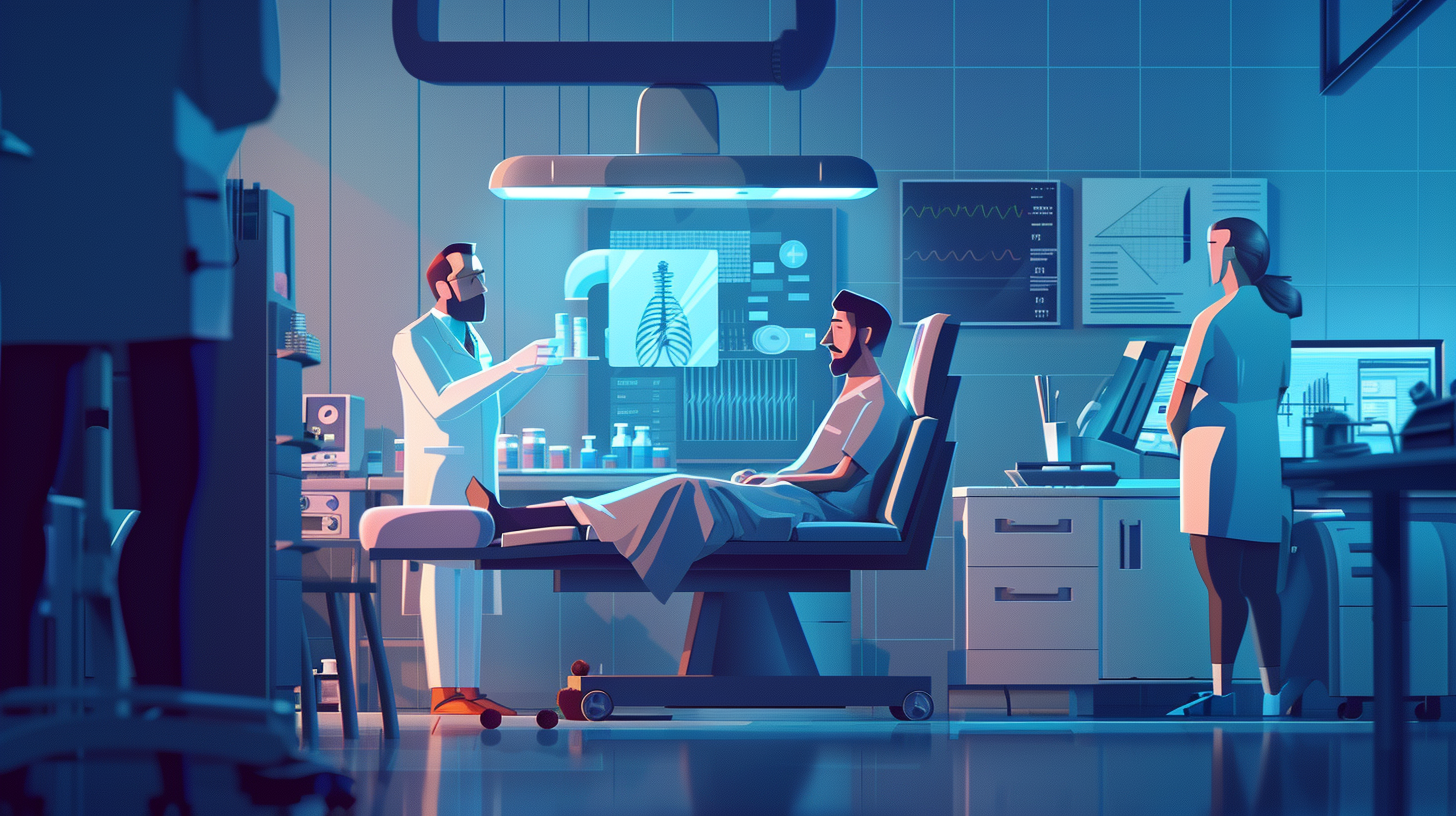 A detailed illustration of a European man undergoing a PSA test for prostate cancer screening, showing subtle variations in healthcare settings across different European countries. The background includes medical equipment, data charts, and healthcare professionals, emphasizing public health and preventive care.
