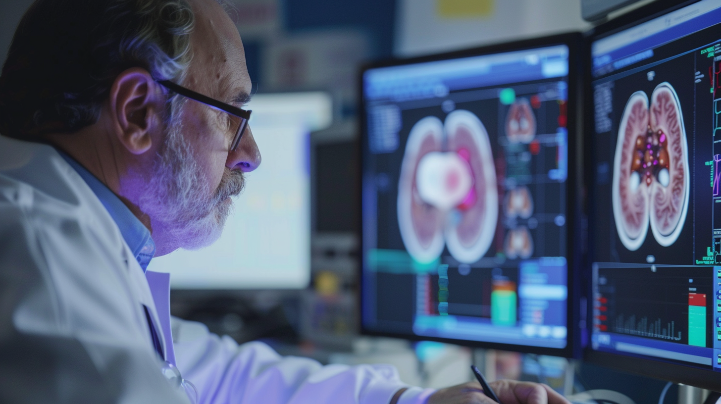 An oncologist examining a patient with advanced kidney imaging, using advanced AI diagnostics to predict kidney injury from chemotherapy treatment, with a medical monitor showing nephrotoxicity risk data. Hospital setting, cutting-edge medical technology in use.