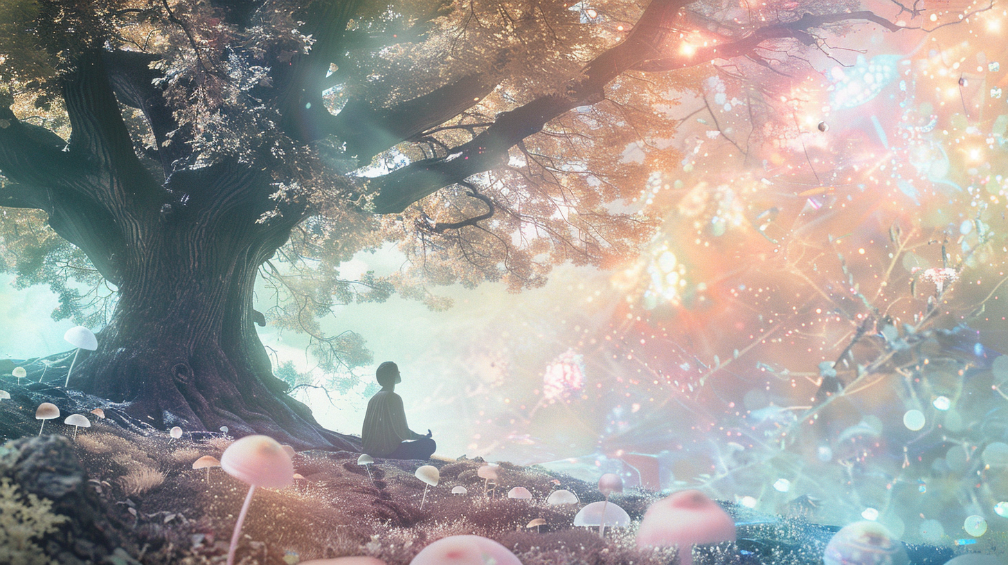 A serene, ethereal landscape with soft, pastel hues where a person is meditating under a large tree. The background shifts into a bright, surreal realm filled with glowing mushrooms and abstract shapes symbolizing the mind. The person appears calm and content, signifying inner peace and healing.