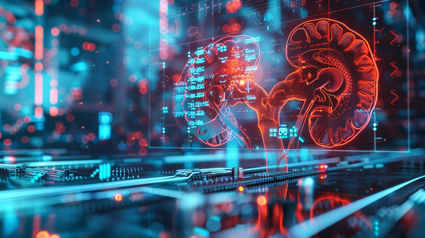 An advanced AI model calculating medical risks for chronic kidney disease patients. Medical professionals analyzing data on kidney function, represented as digital health data points and graphs. The background should reflect a clinical setting with cutting-edge technology.