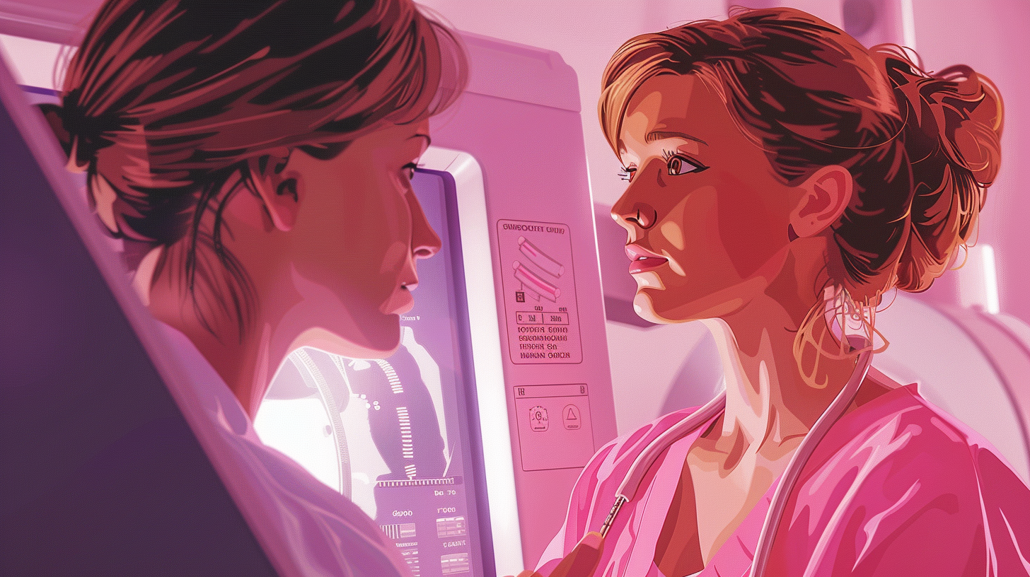 A detailed illustration of a woman undergoing breast cancer screening, focusing on a medical professional examining mammogram results. The setting includes modern diagnostic technology, and the woman's expression conveys both anxiety and hope. The scene reflects the emotional weight of early detection.