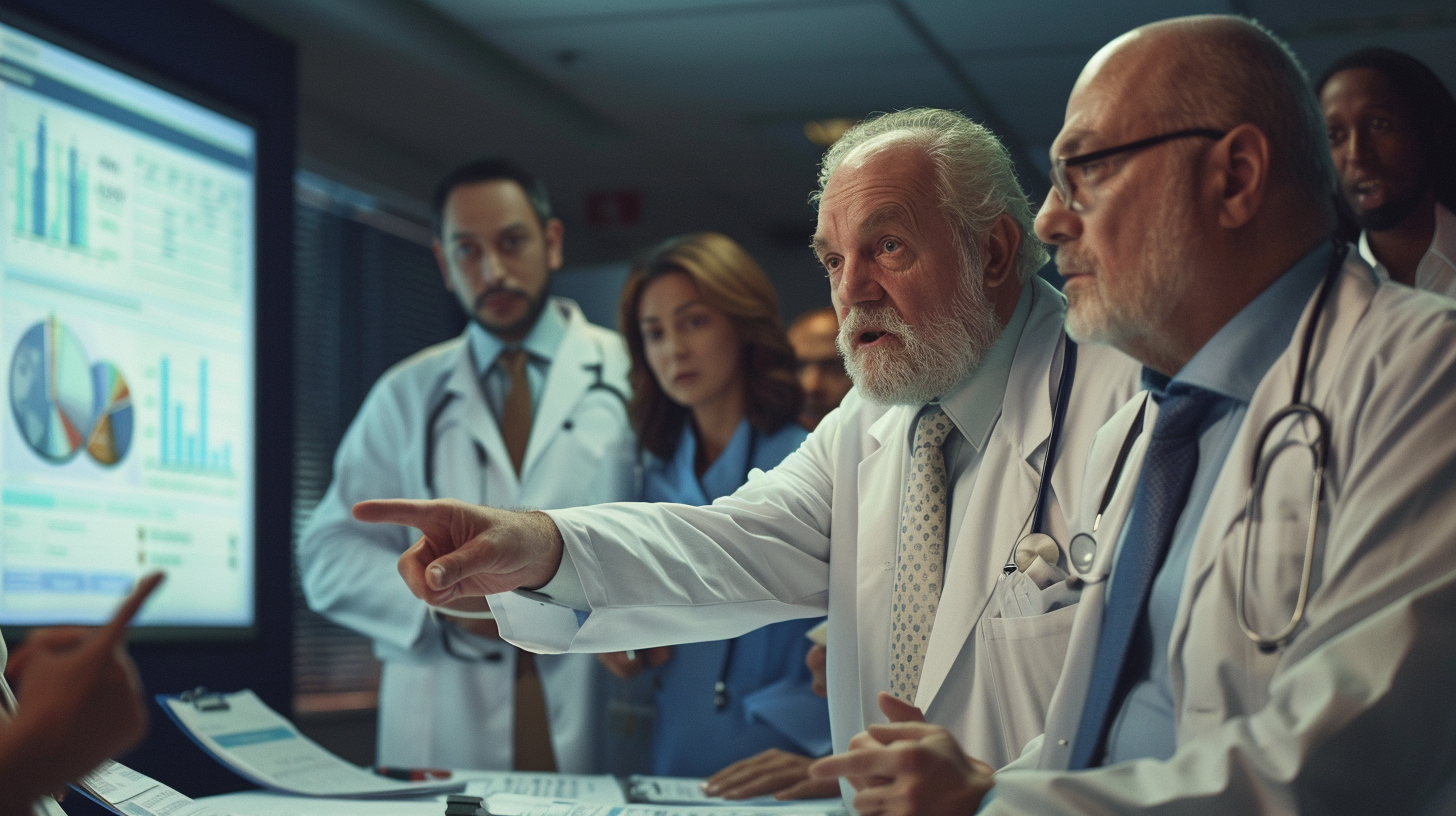 A group of doctors in a conference room discussing psychiatric guidelines, with medical charts and documents on the table. One doctor points at a screen displaying financial data, while others look concerned. The room is modern, with warm lighting and soft shadows.