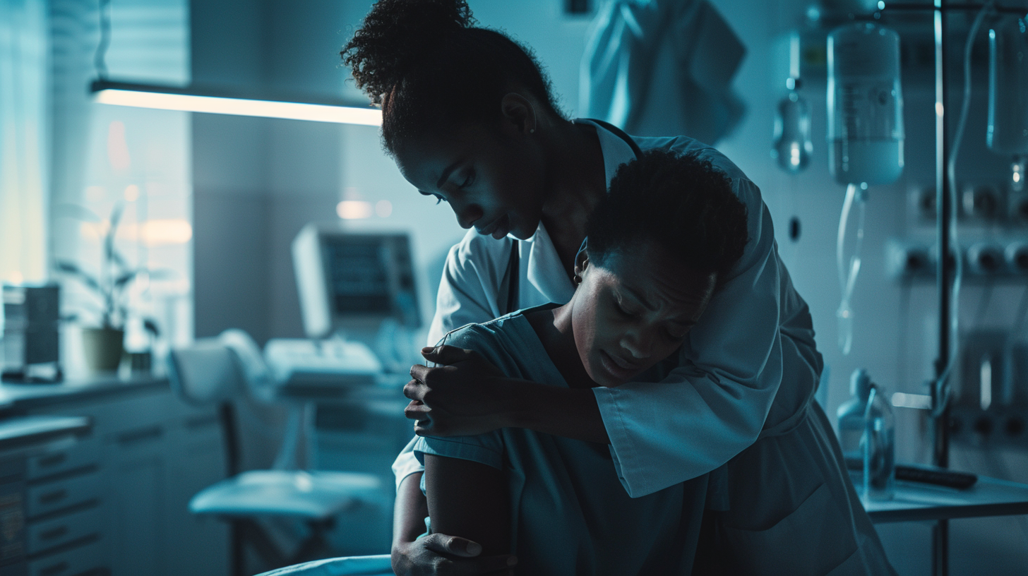 An emotional scene of a healthcare professional comforting a distressed patient with obsessive-compulsive disorder, emphasizing mental health care in a clinical setting. The background features a hospital or clinic with soft lighting, and the characters are depicted with warmth and empathy.