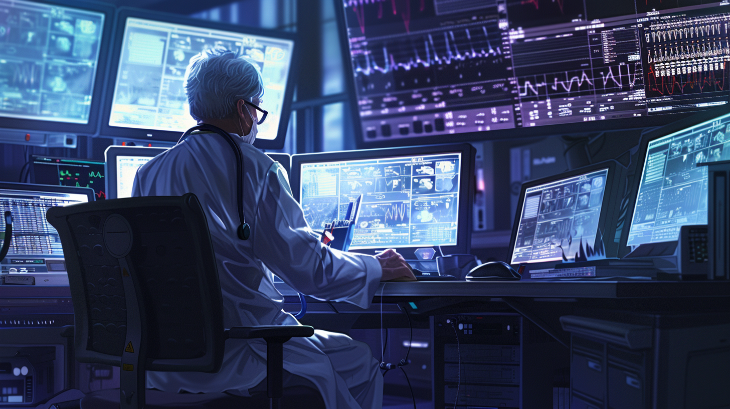 Depiction of healthcare professionals analyzing complex billing systems on multiple screens, while a concerned elderly patient sits in the background, symbolizing the impact of Medicare Advantage on patient care. Medical charts and coding software on the screens, with a somber, ethical undertone.