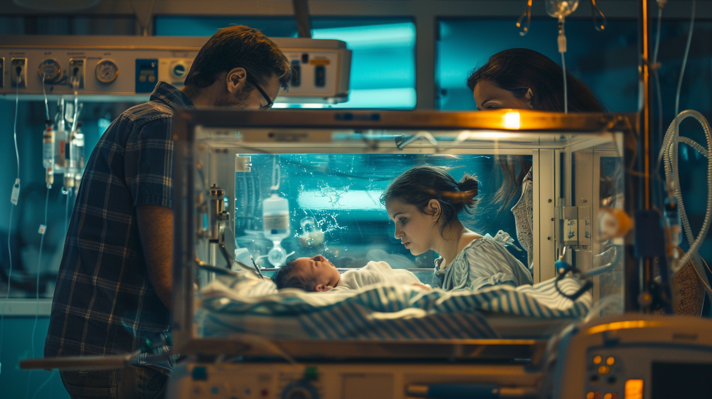 A newborn baby lying in an incubator, surrounded by medical equipment, with worried parents standing nearby. The baby looks fragile and small, and the scene is set in a sterile hospital environment. Soft lighting highlights the baby while casting soft shadows on the parents.