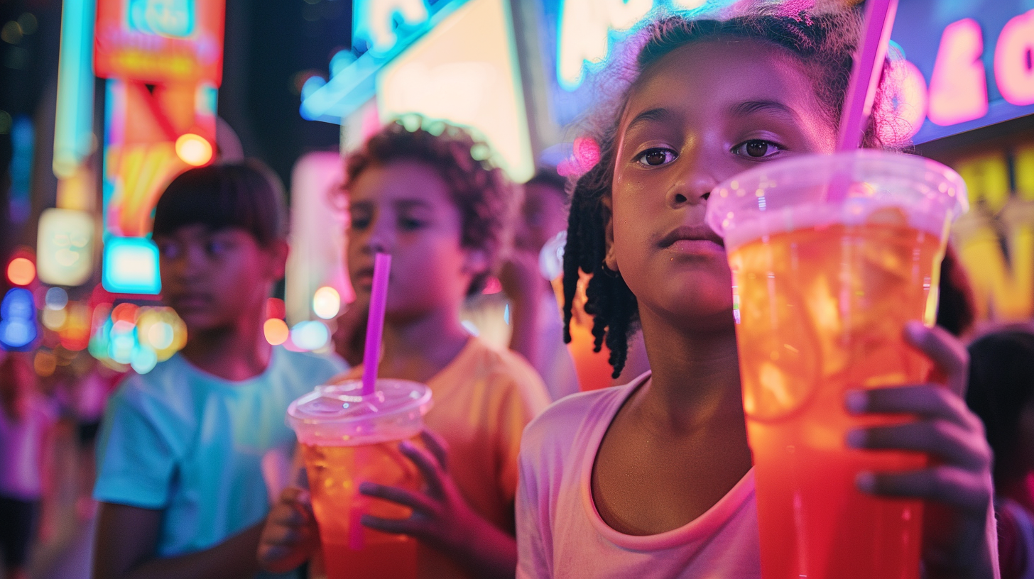 An urban scene showing a diverse group of children drinking sugar-laden sodas against the backdrop of a cityscape with billboards advertising sugary drinks. The atmosphere is busy, with children holding oversized sugar-filled beverage cups, conveying the scale of the consumption crisis. Bright neon colors to contrast with the serious tone of a health emergency unfolding.