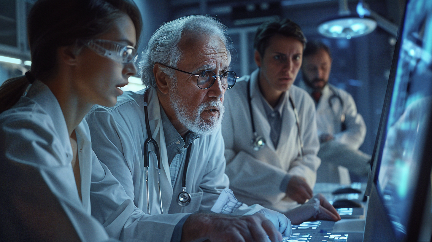 Medical research trial in progress. Show researchers in a lab setting, carefully analyzing patient data on digital screens. Highlight their expressions of intense focus and collaboration. Include elements of clinical equipment and sterile environments.