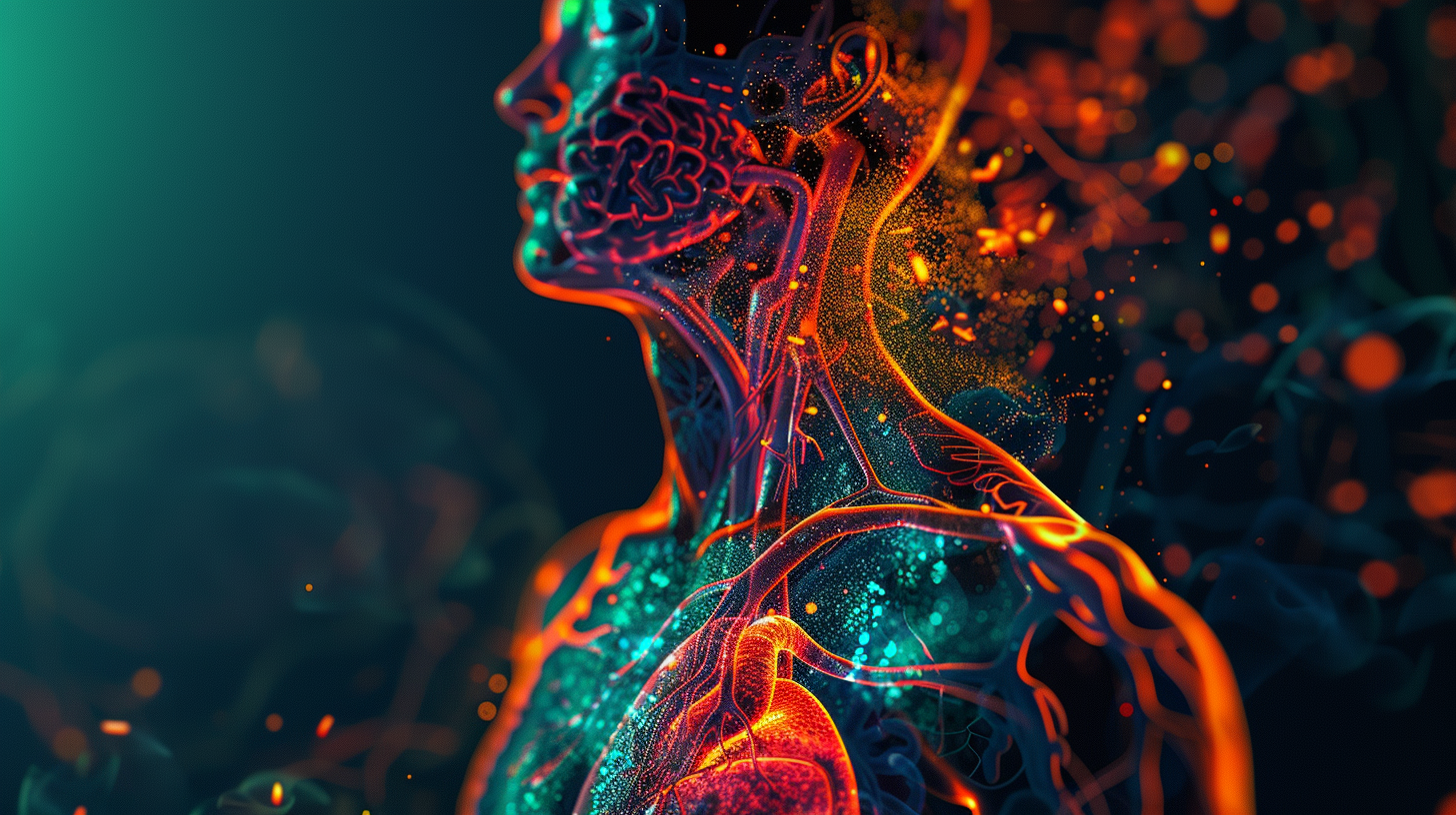 Depicting a patient with type 2 diabetes, focusing on the heart and liver to represent cardiovascular disease and non-alcoholic fatty liver disease.