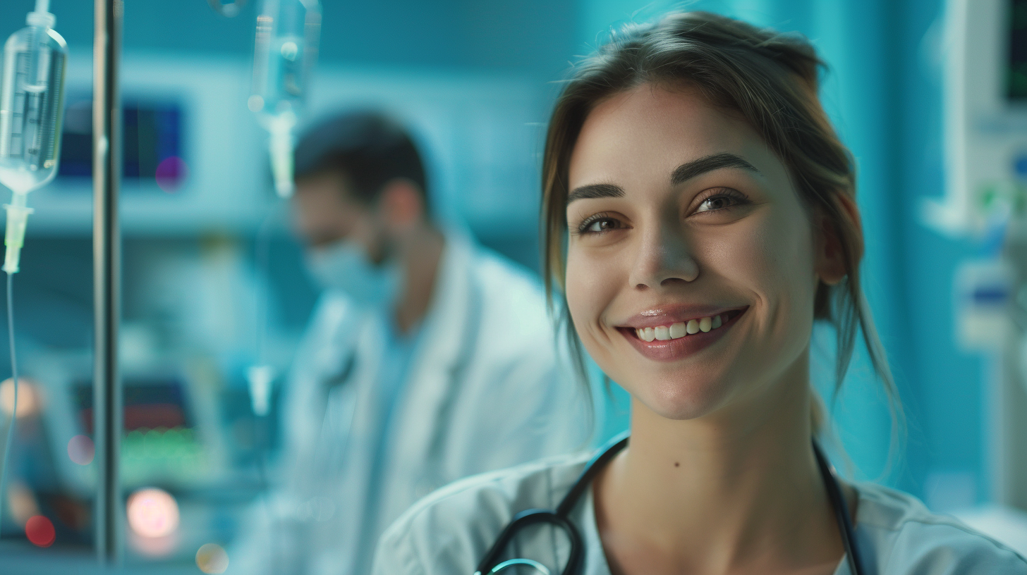 A medical scene focusing on a woman relieved from pelvic pain, smiling with subtle elegance, with a backdrop of a hospital surgery room. Doctors discussing treatment options in the background, showing both a syringe and pill bottle to represent long-acting progestogen and contraceptive pills.