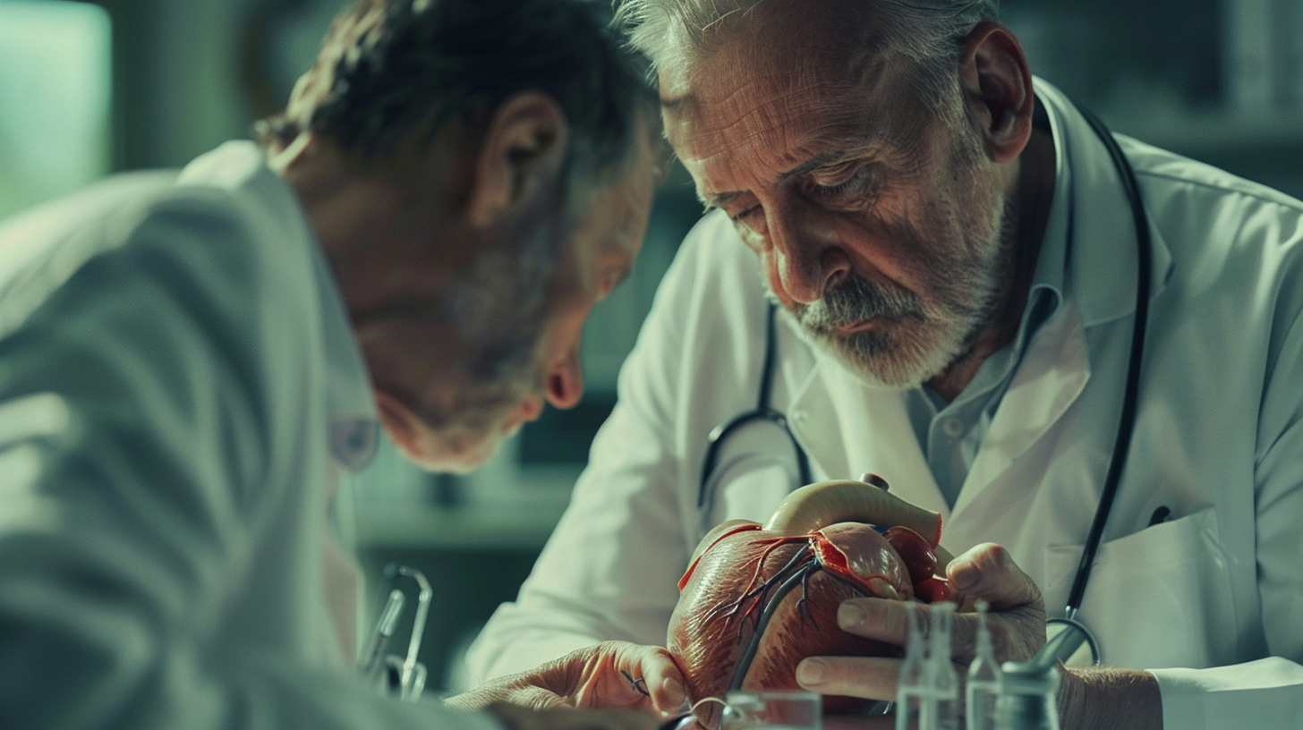 Depict a patient-centered scene where a doctor examines an aging heart, emphasizing atrial fibrillation's long-term impact. Show a delicate balance between health and deterioration, with contrasting elements of the heart's weakening state and the brain's susceptibility to stroke. Highlight subtle medical details on cardiovascular diagnostics.